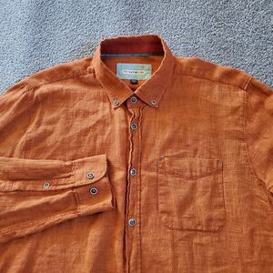 32 Bar Blues Shirt Mens Large Orange Button Up Linen